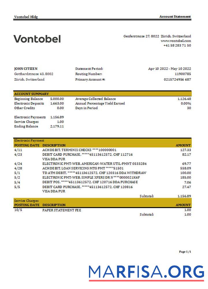 Printable Switzerland Vontobel bank statement excel download for verification